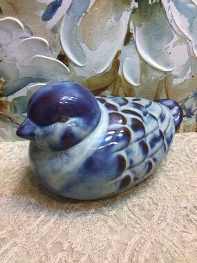 Vintage Large Ceramic Blue Bird Hand Painted Glossy Glaze